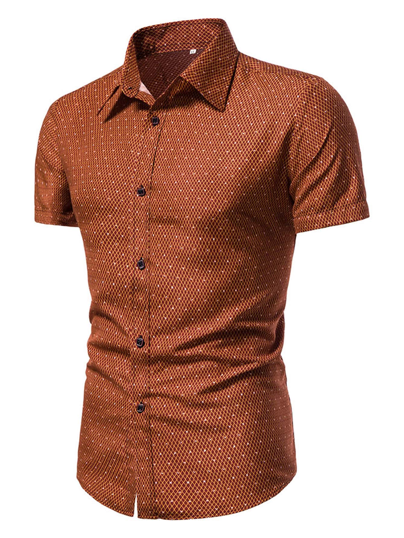Men's Burnt Orange Slim Fit Printed Short Sleeve Shirt