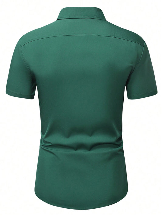 Men's Dark Green Slim Fit Short Sleeve Casual Shirt - XPST