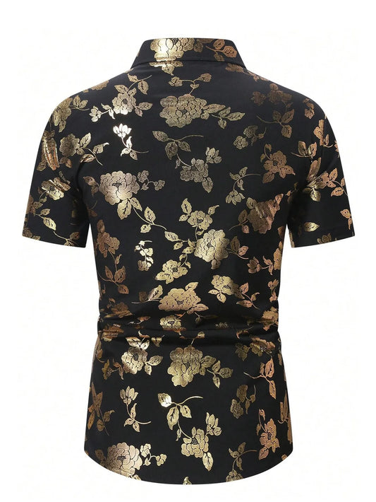 Men's Gold Floral Print Shirt Relaxed Printed Casualwear - XPST