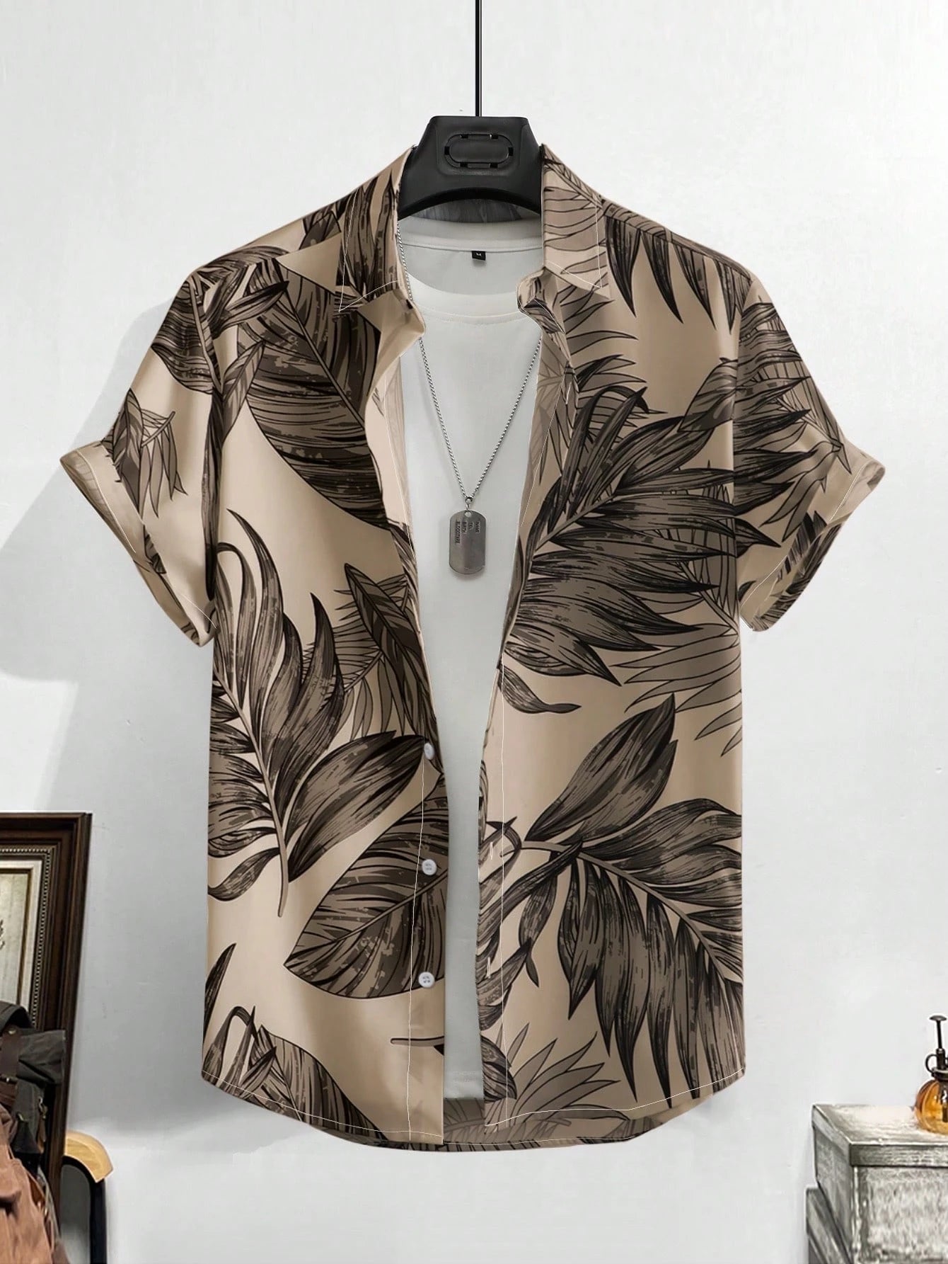 Men's Khaki Leaf Print Shirt Relaxed Printed Casualwear