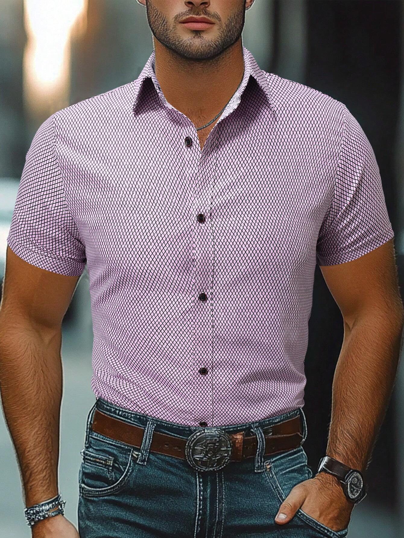 Men's Lavender Slim Fit Printed Short Sleeve Shirt
