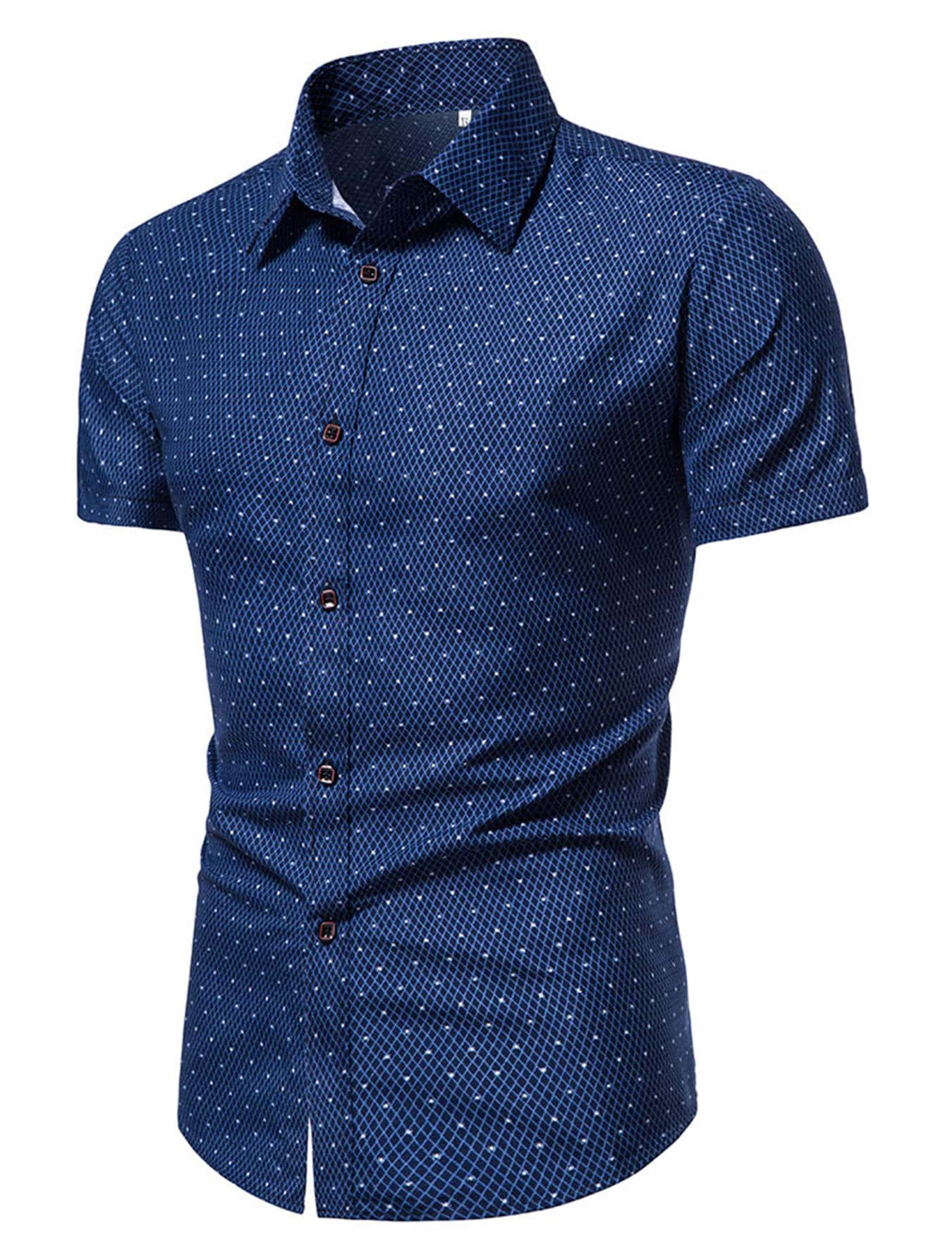 Men's Navy Blue Slim Fit Printed Short Sleeve Shirt
