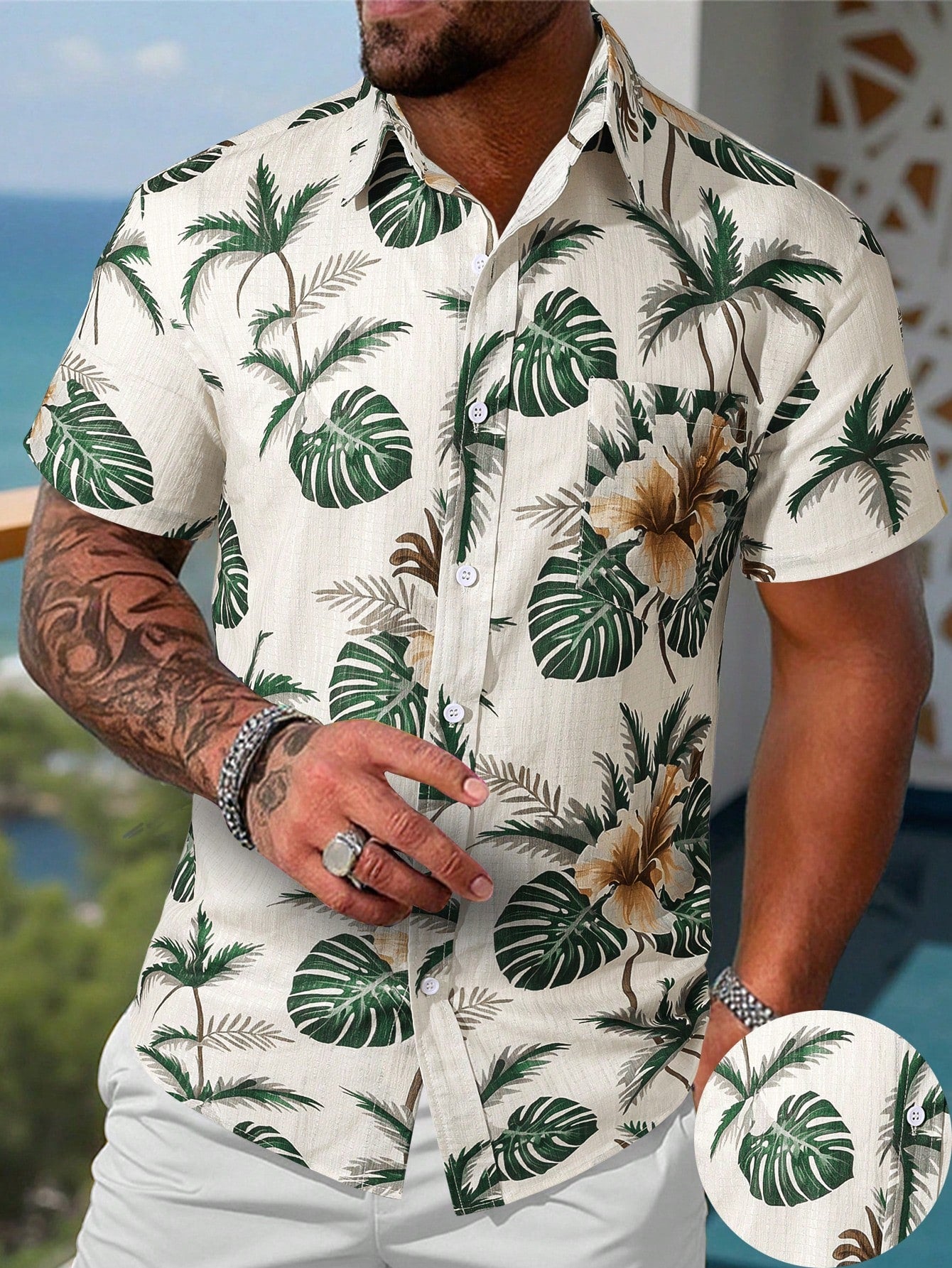 Men's Off White Palm Tree Print Shirt Relaxed Printed Casualwear