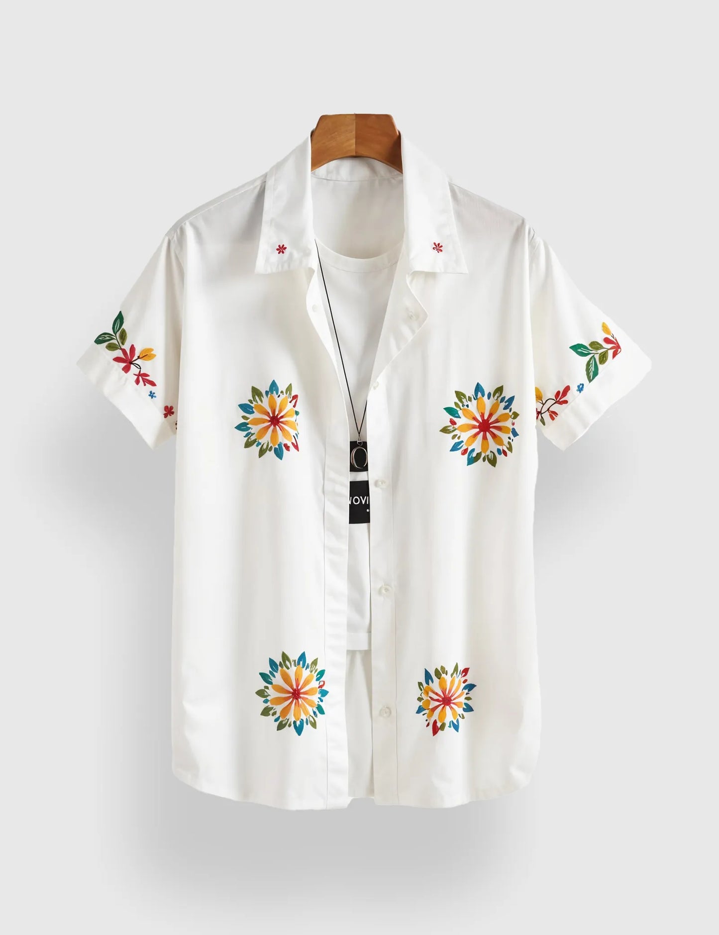 Men's White Floral Embroidered - Printed Half Sleeve Shirt