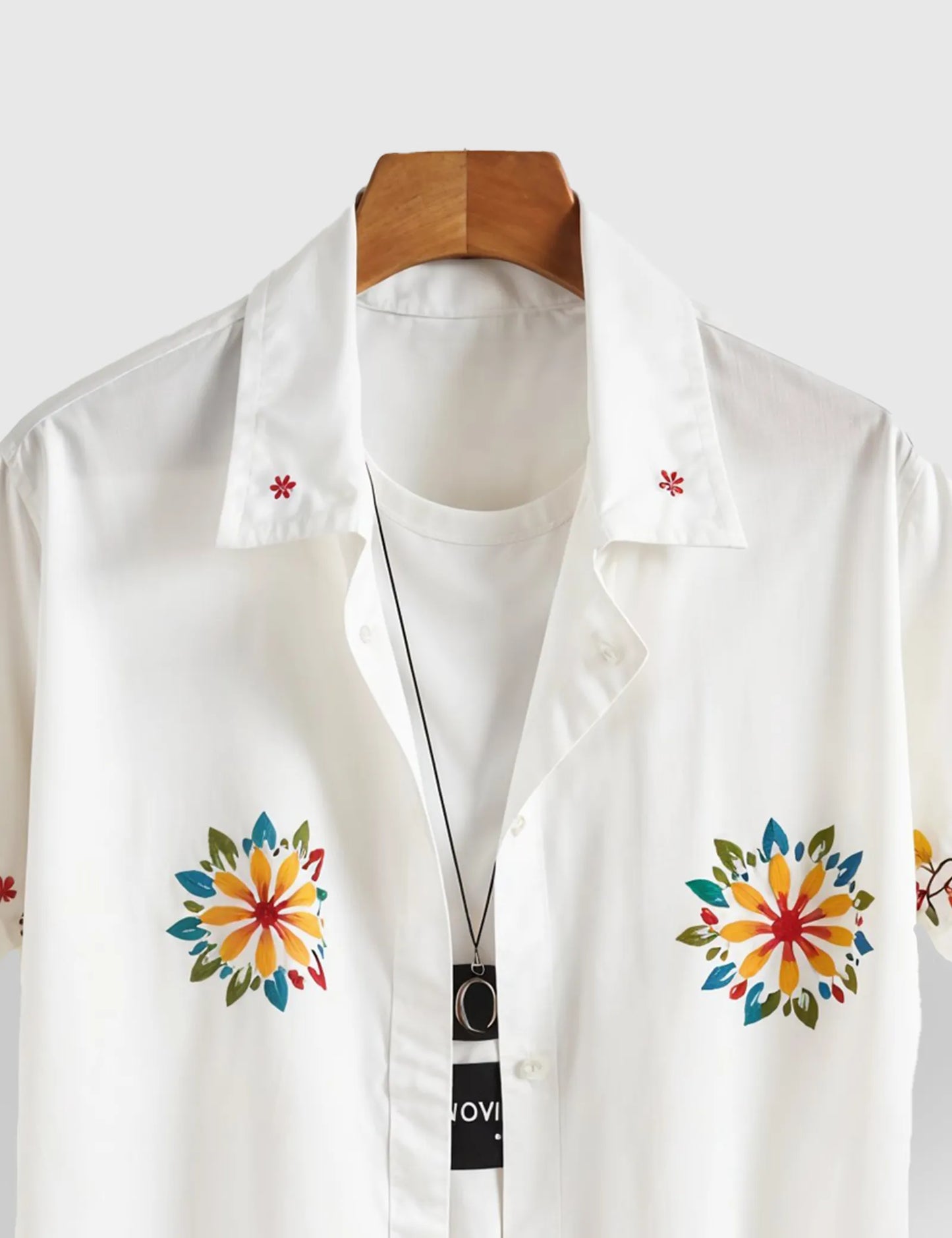 Men's White Floral Embroidered - Printed Half Sleeve Shirt