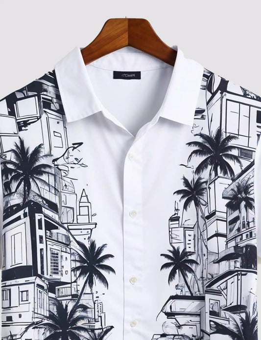 White Tree City Printed Designer Men's Half Sleeves Printed Shirt Exclusive Super Sale - XPST