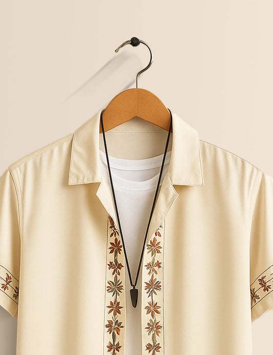 Men's Cream Floral Embroidered - Printed Half Sleeve Shirt - XPST