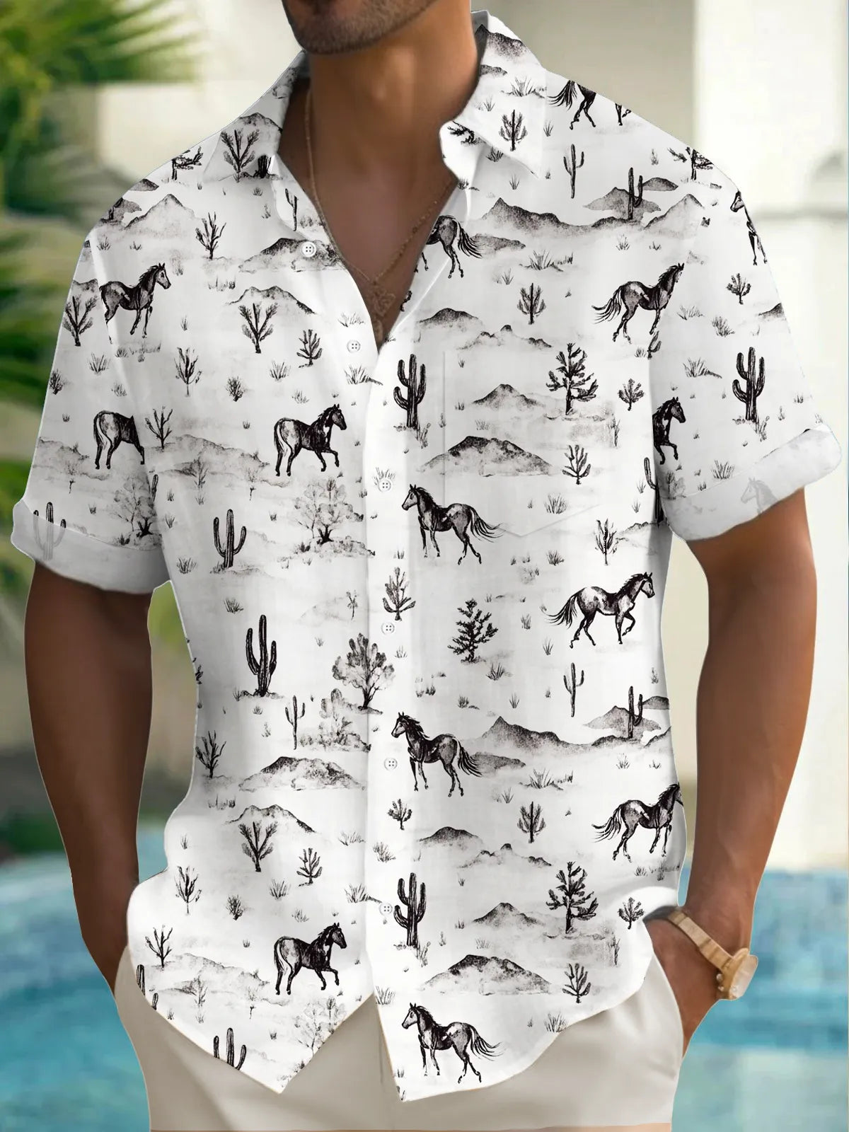 Men's White Horse Printed Shirt – Relaxed Fit Summer Casualwear