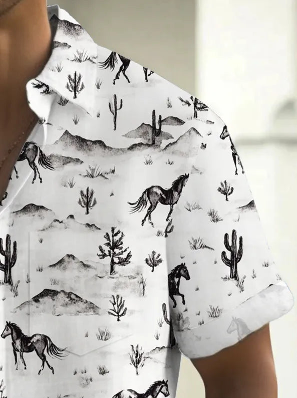 Men's White Horse Printed Shirt – Relaxed Fit Summer Casualwear