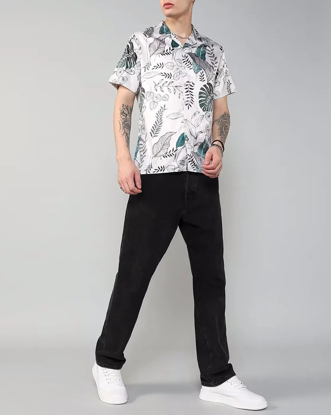 Men's White Leaf Print Shirt – Relaxed Fit Summer Casualwear
