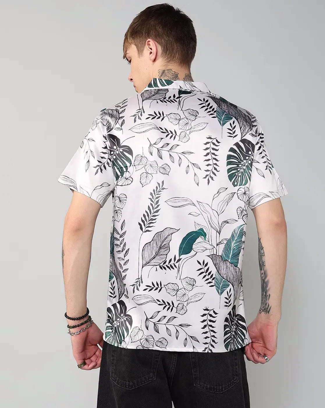 Men's White Leaf Print Shirt – Relaxed Fit Summer Casualwear
