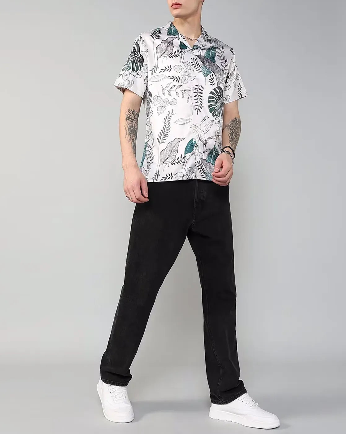 Men's White Leaf Print Shirt – Relaxed Fit Summer Casualwear
