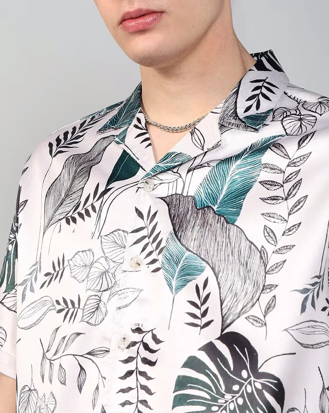 Men's White Leaf Print Shirt – Relaxed Fit Summer Casualwear