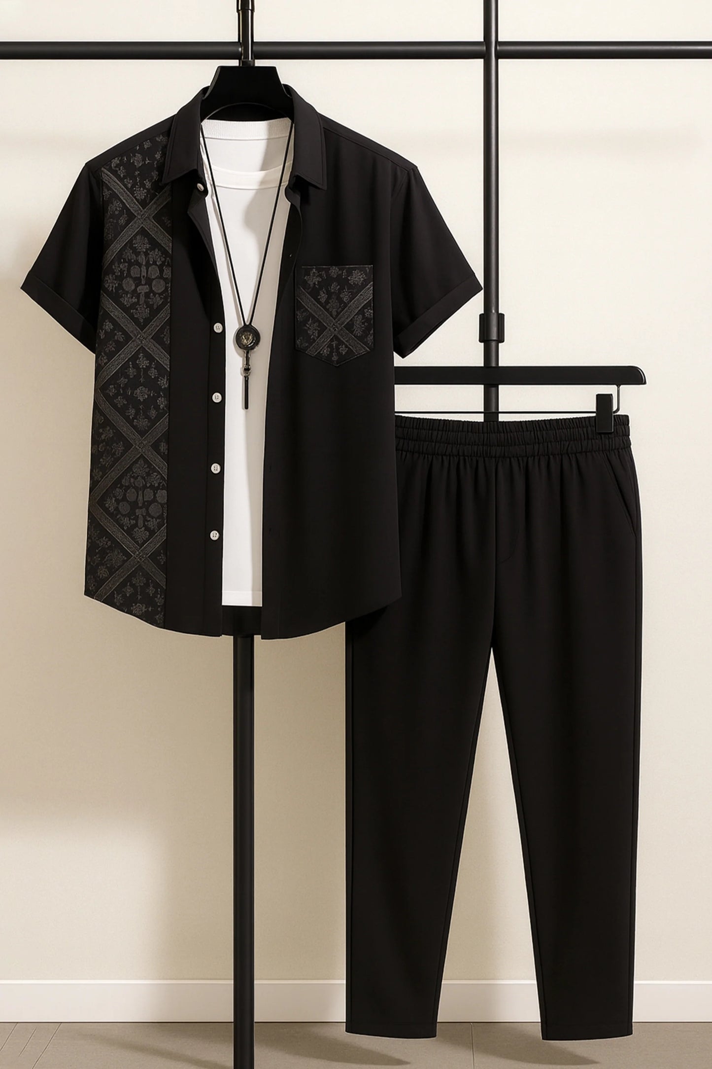 Black Design Men's Casual Half Sleeve Shirt and Full Pant Set - XPCRDF