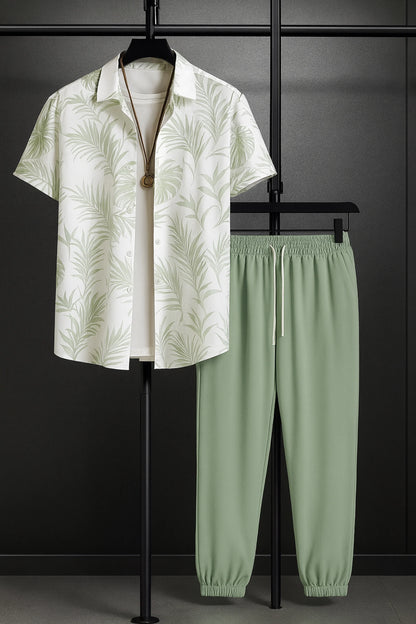 Leafy White Men's Casual Half Sleeve Shirt and Full Pant Set - XPCRDF