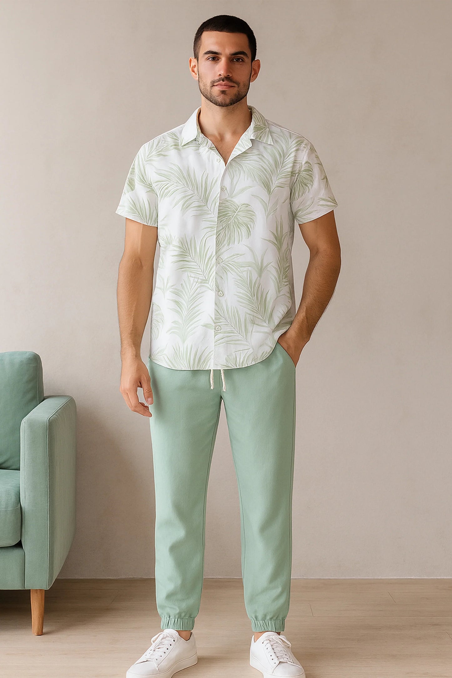 Leafy White Men's Casual Half Sleeve Shirt and Full Pant Set - XPCRDF