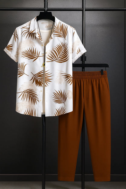 White Floral Men's Casual Half Sleeve Shirt and Full Pant Set - XPCRDF