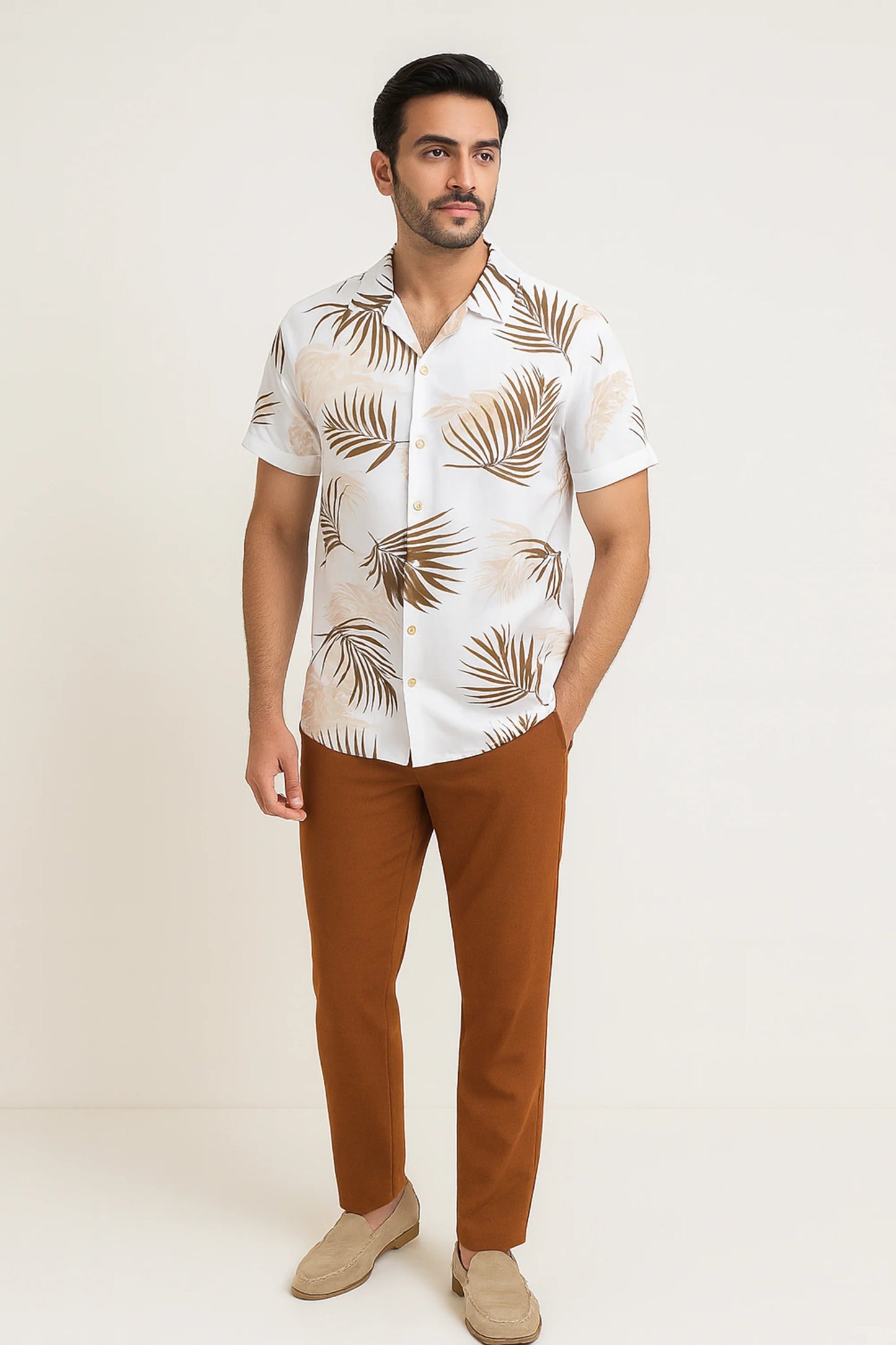 White Floral Men's Casual Half Sleeve Shirt and Full Pant Set - XPCRDF