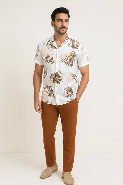 White Floral Men's Casual Half Sleeve Shirt and Full Pant Set - XPCRDF