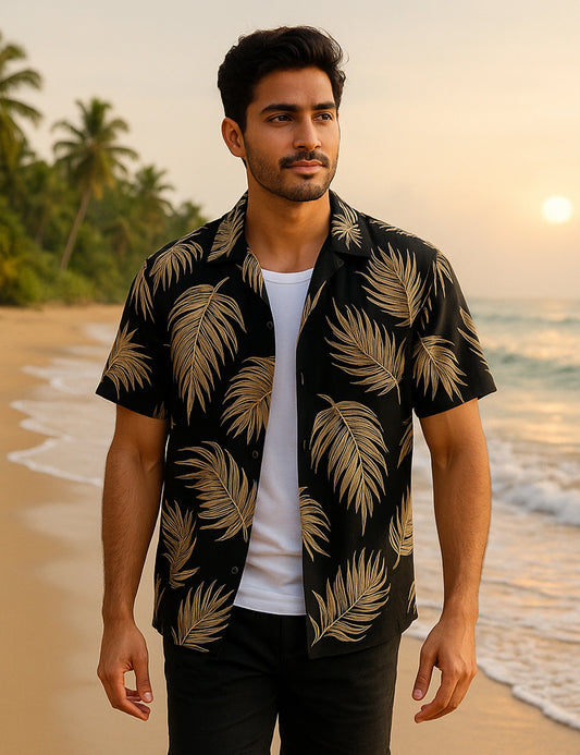 Black Leaves Printed Modern Fit Everyday Cotton Shirt for Men
