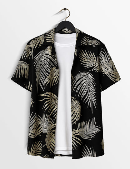 Black Leaves Printed Modern Fit Everyday Cotton Shirt for Men