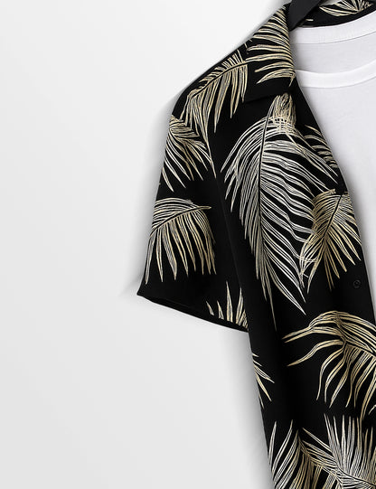 Black Leaves Printed Modern Fit Everyday Cotton Shirt for Men