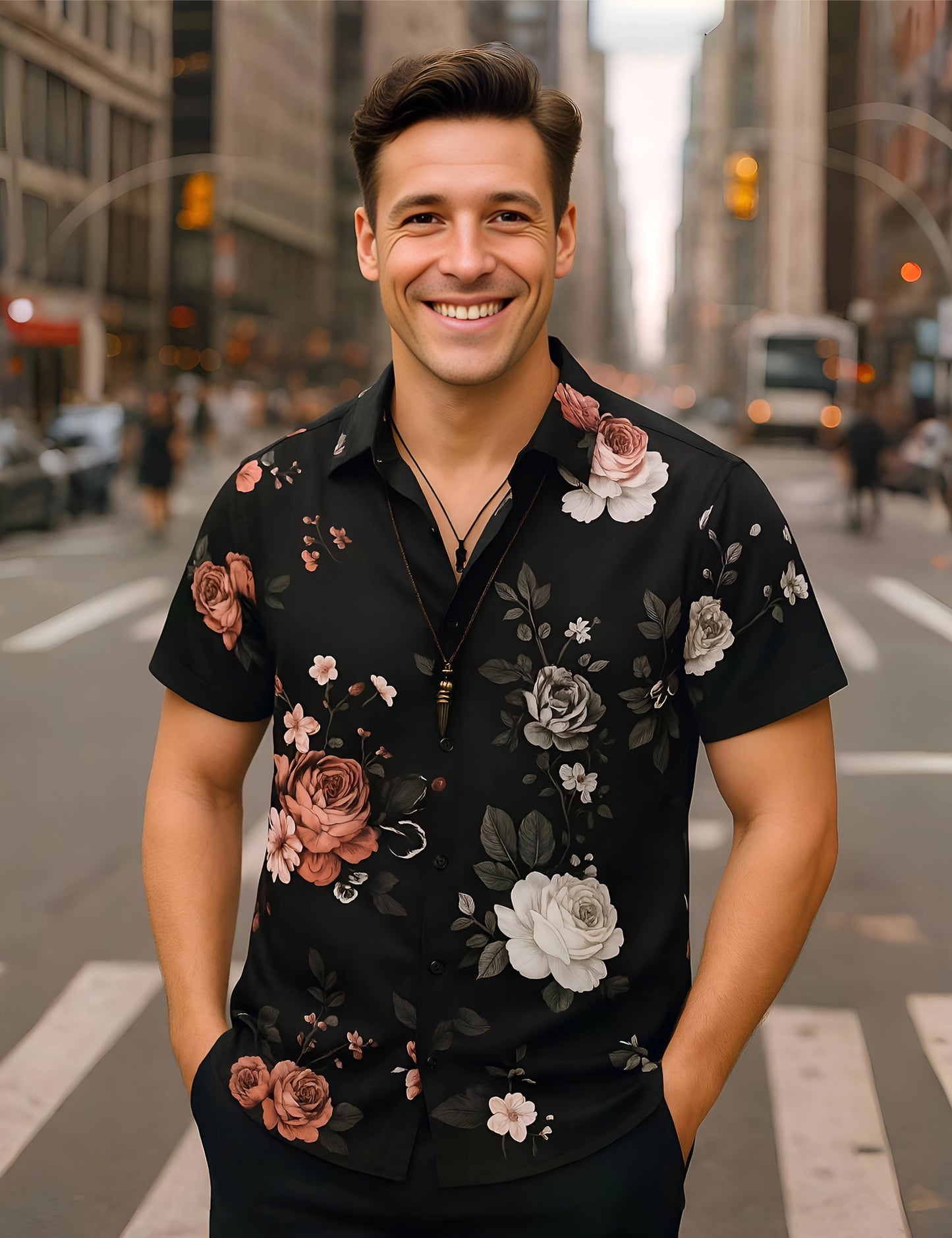 Black Rose Printed Classic Cotton Comfort Shirt for Men