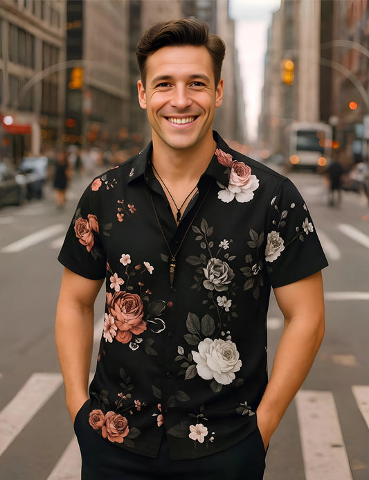 Black Rose Printed Classic Cotton Comfort Shirt for Men