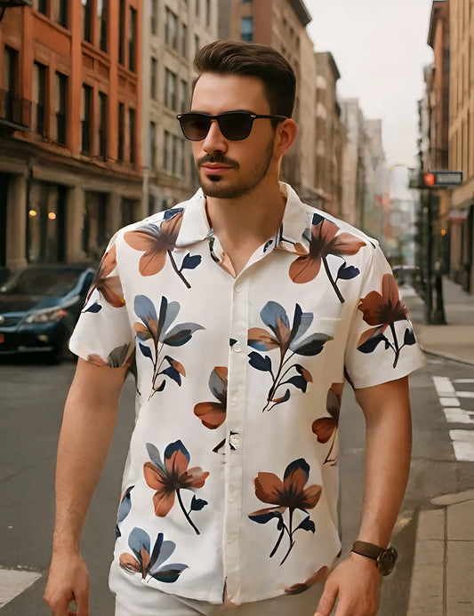 Brown Floral Printed Timeless Cotton Button-Down Shirt for Men