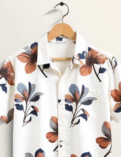 Brown Floral Printed Timeless Cotton Button-Down Shirt for Men