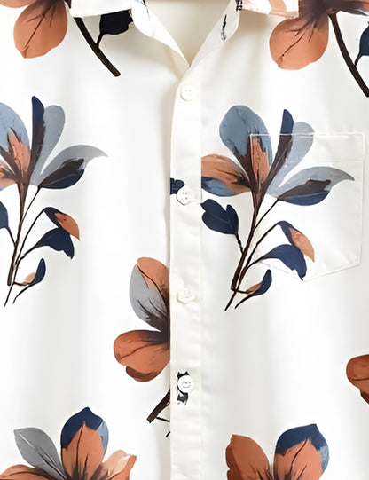 Brown Floral Printed Timeless Cotton Button-Down Shirt for Men