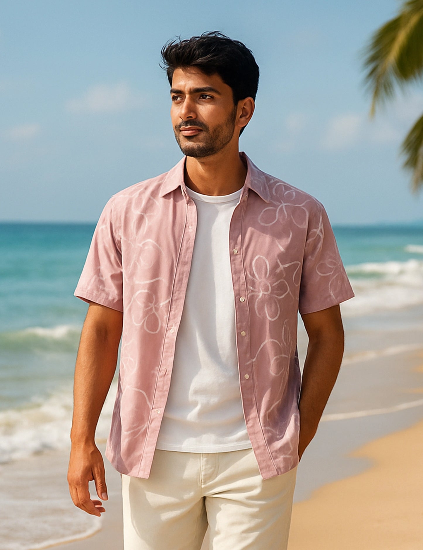 Floral Outline Refined Form Cotton Shirt for Men