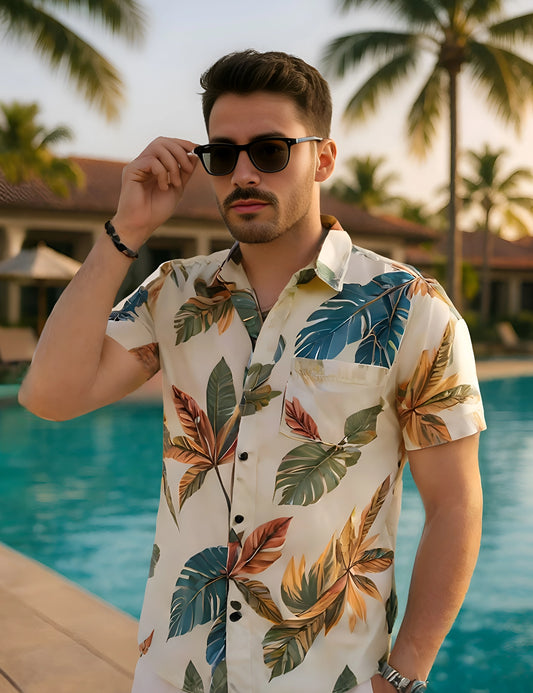 Cream Leaf Printed Easywear Cotton Men's Shirt for Men