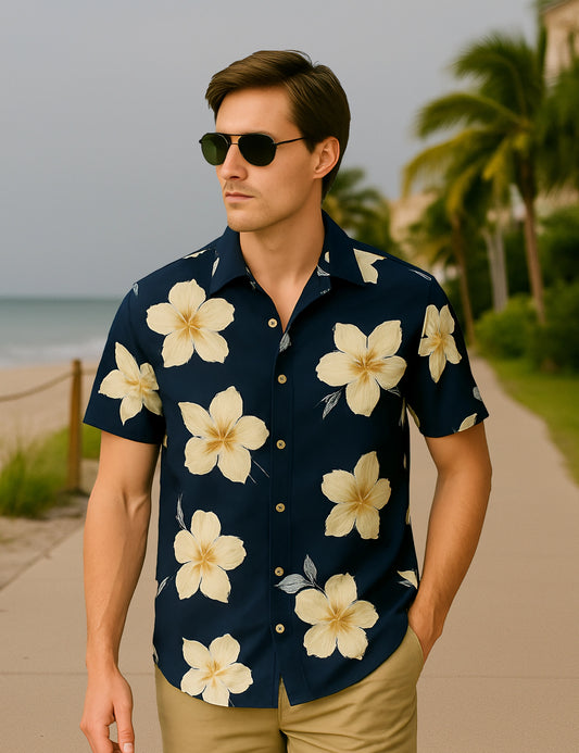 Navy Blue Hibiscus Printed Refined Cotton Daily Shirt for Men