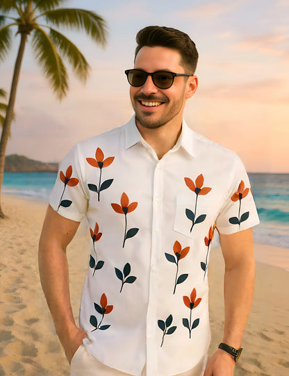 Red Floral Printed Basic Cotton Smart Fit Shirt for Men