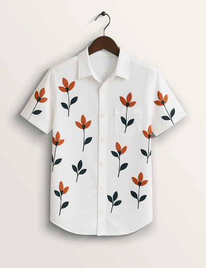 Red Floral Printed Basic Cotton Smart Fit Shirt for Men