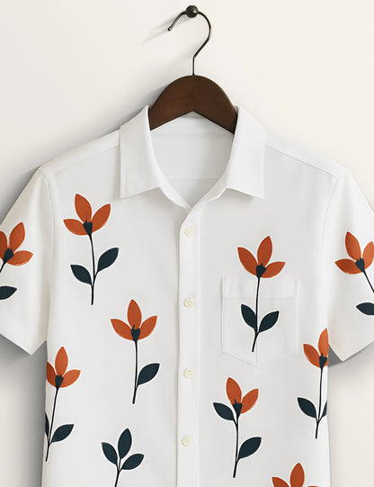Red Floral Printed Basic Cotton Smart Fit Shirt for Men
