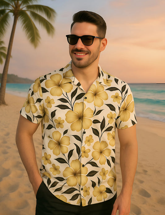 Yellow Floral Soft Touch Cotton Shirt for Men