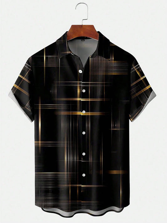 Men's Black Geometric Grid Print Shirt Relaxed Printed Casualwear