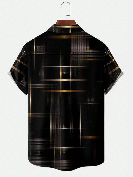 Men's Black Geometric Grid Print Shirt Relaxed Printed Casualwear