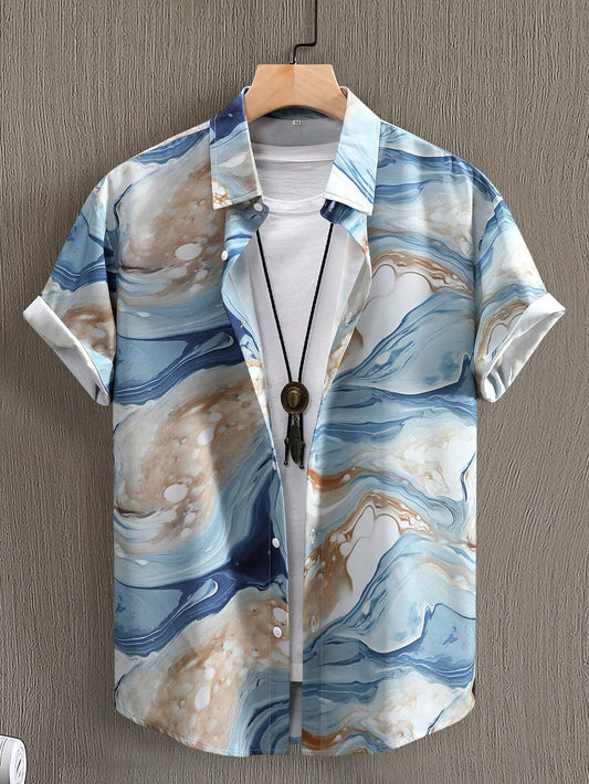 Men's Blue Marble Print Shirt Relaxed Printed Casualwear