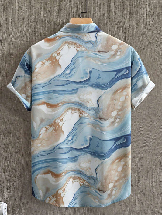 Men's Blue Marble Print Shirt Relaxed Printed Casualwear