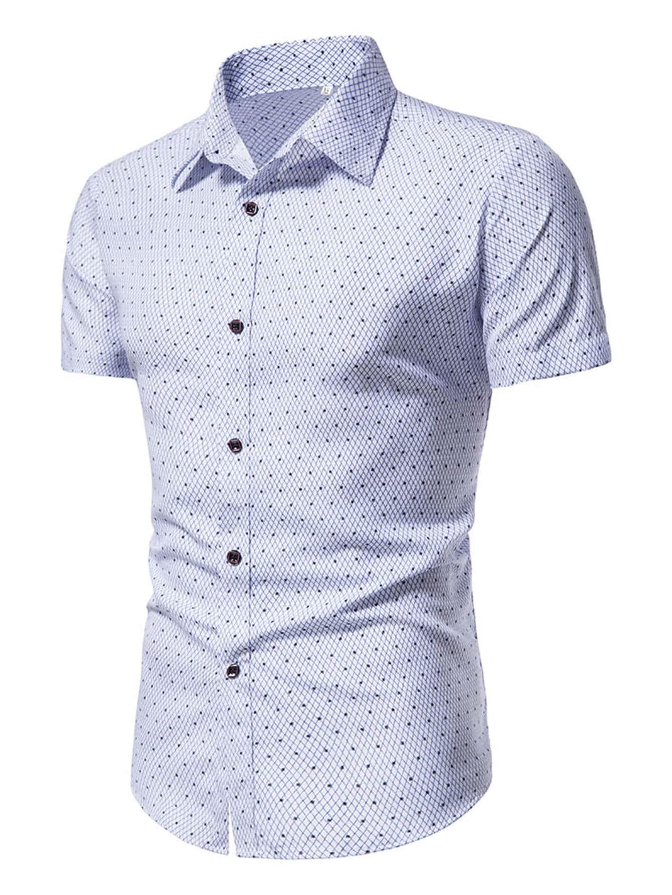 Men's Blue And White Slim Fit Printed Short Sleeve Shirt