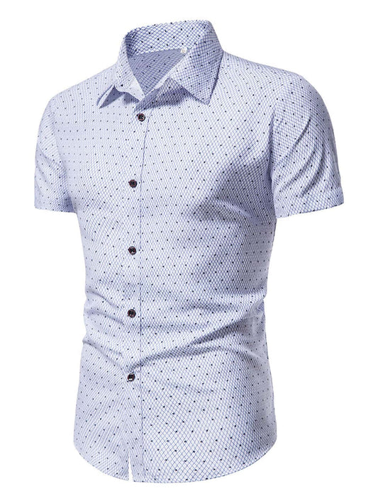 Men's Blue And White Slim Fit Printed Short Sleeve Shirt