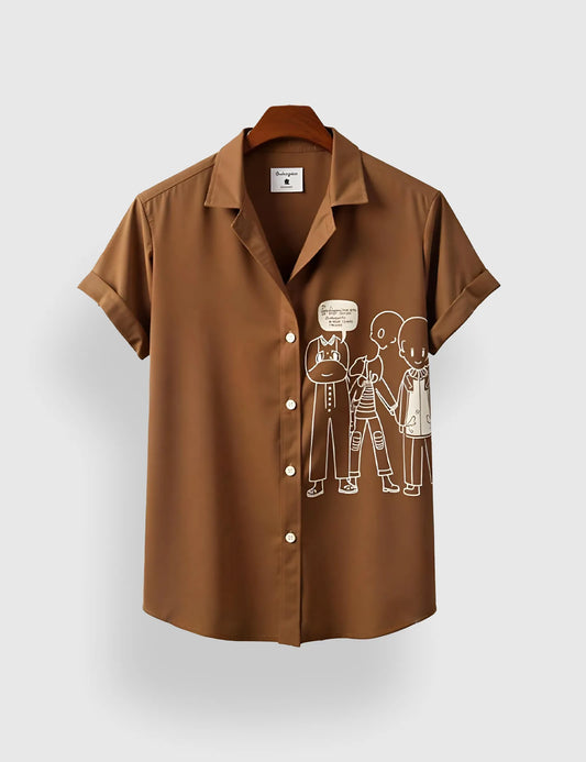 Men's Brown Cartoon Graphic - Printed Half Sleeve Shirt