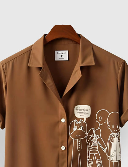 Men's Brown Cartoon Graphic - Printed Half Sleeve Shirt