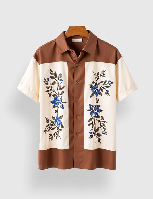 Men's Brown & Cream Floral Panel - Printed Half Sleeve Shirt