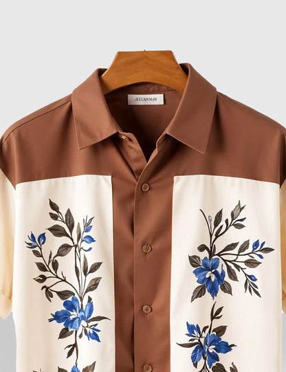 Men's Brown & Cream Floral Panel - Printed Half Sleeve Shirt
