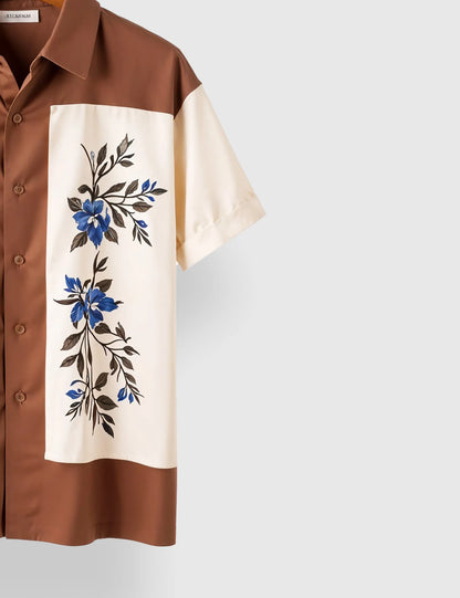 Men's Brown & Cream Floral Panel - Printed Half Sleeve Shirt