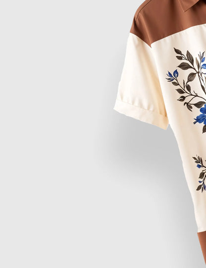 Men's Brown & Cream Floral Panel - Printed Half Sleeve Shirt